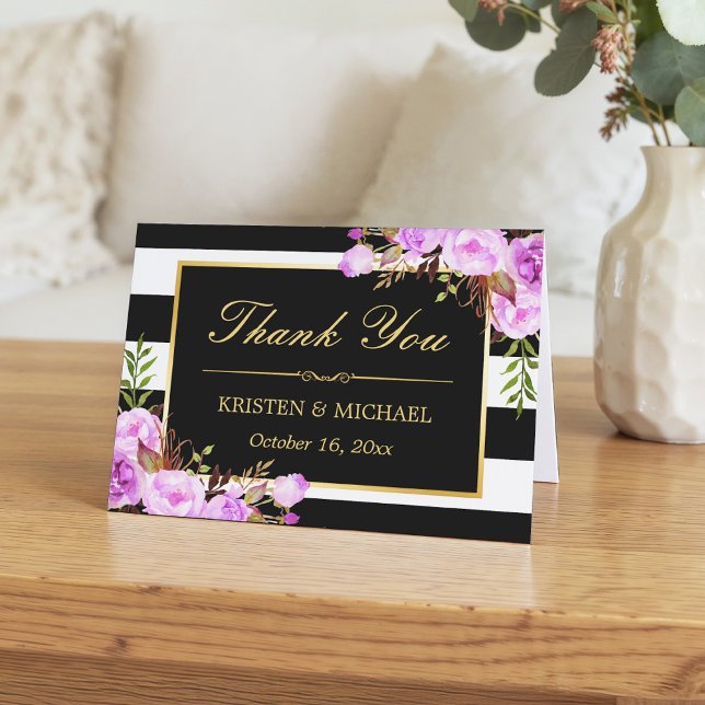 Classy Purple Floral Black White Stripes Thank You Card (Creator Uploaded)