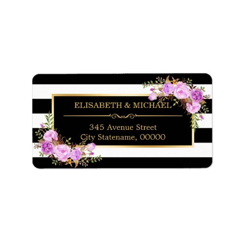 Classy Purple Floral Gold Black White Stripes Label