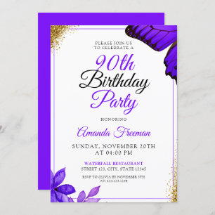 Classy Purple Flowers 90th Birthday Invitation