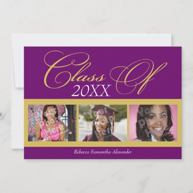 Classy Purple/Gold 3 Photo Graduation Announcement (Front)