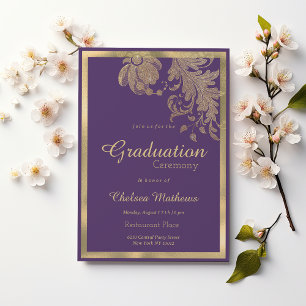 Classy purple gold glitter lace flowers Graduation Invitation
