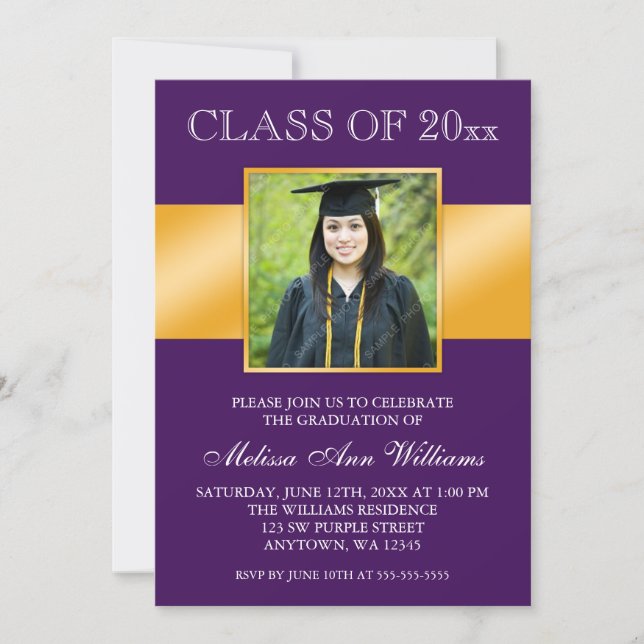 Classy Purple Gold Photo Graduation Announcement (Front)