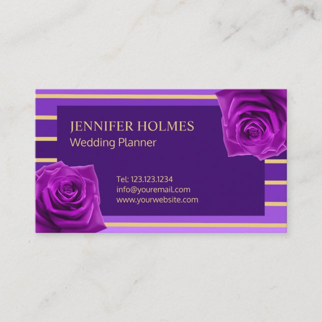 Classy Purple Gold Stripes Rose Business Card (Front)