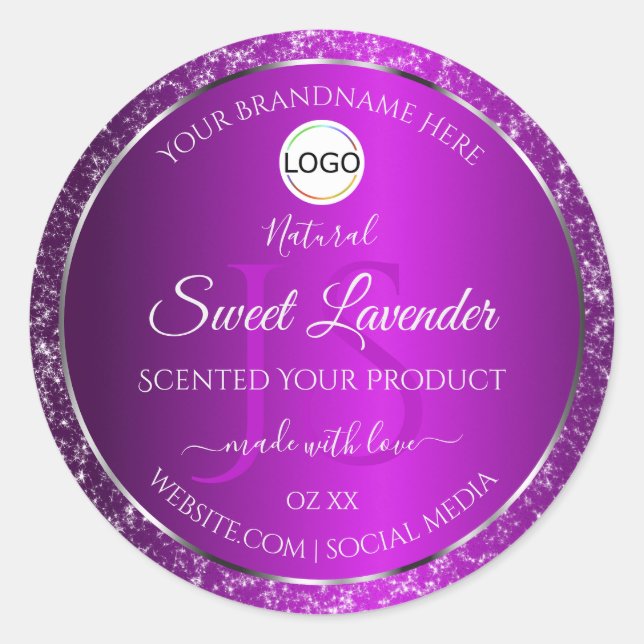 Classy Purple Logo Initials Glitter Product Labels (Front)