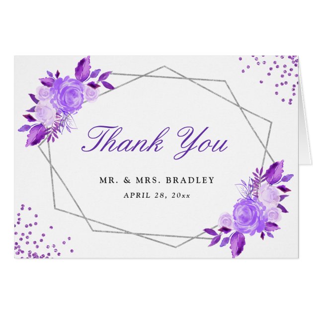 Classy Purple Silver Frame Floral Thank You Card