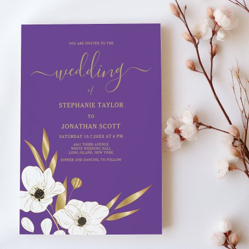 Classy purple white gold floral elegant wedding  invitation