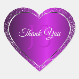 Classy Purple with Glitter Initials Cute Thank You Heart Sticker