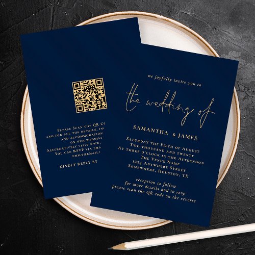 Classy QR Code Gold Navy Wedding Invitation