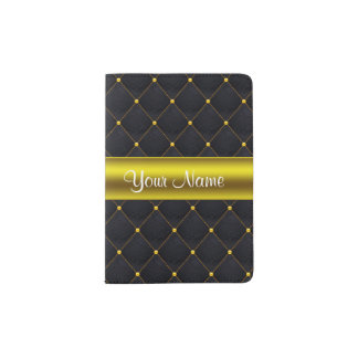 Classy Quilted Black and Gold Personalized Passport Holder
