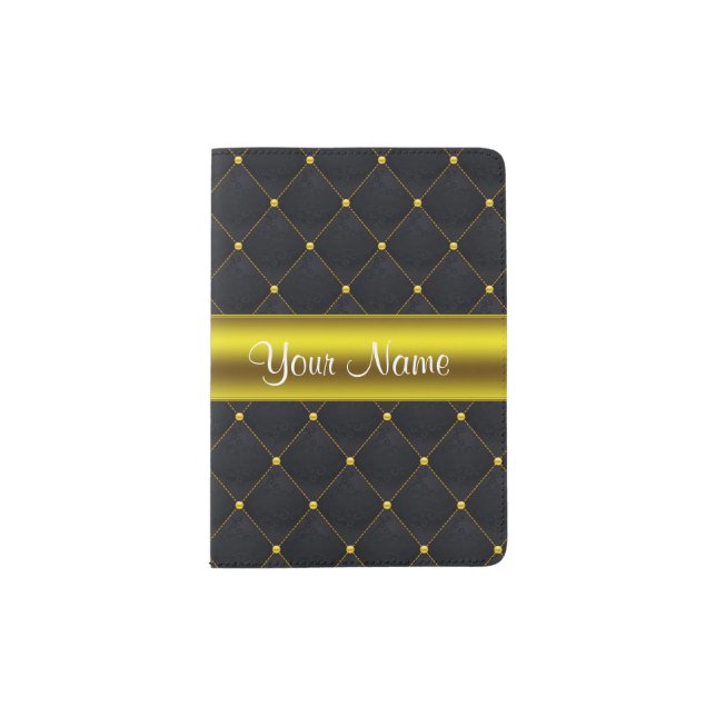 Classy Quilted Black and Gold Personalized Passport Holder (Front)