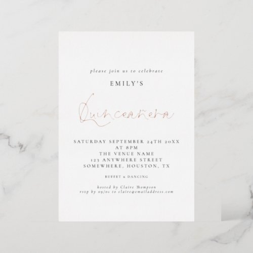 Classy Quinceanera Birthday Party Script Real Foil Foil Invitation