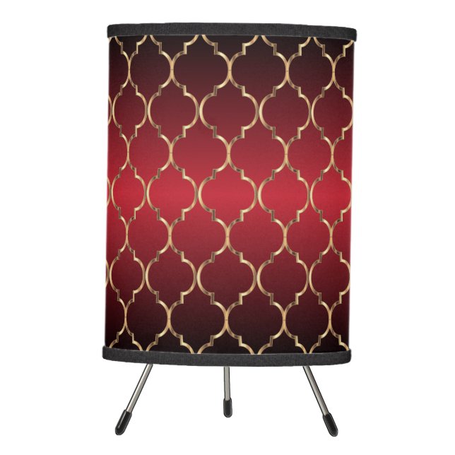 Classy Red and Gold Quatrefoil Pattern Tripod Lamp (Front)
