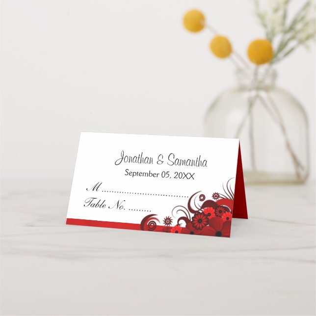 Classy Red and White Hibiscus Floral Folded Table Place Card (Front)
