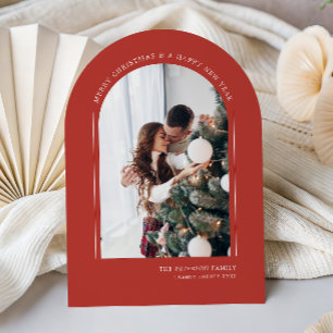 Classy Red Arched Modern Family Christmas Photo Holiday Card