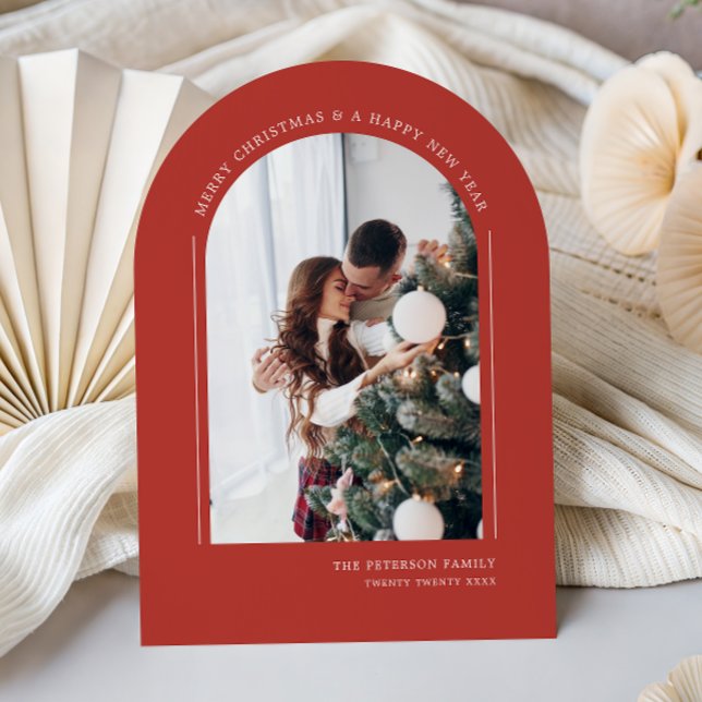 Classy Red Arched Modern Family Christmas Photo Holiday Card (Creator Uploaded)