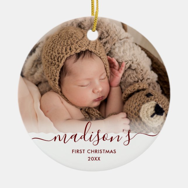 Classy Red Baby's 1st Christmas 2 Photo Name Ceramic Ornament (Front)