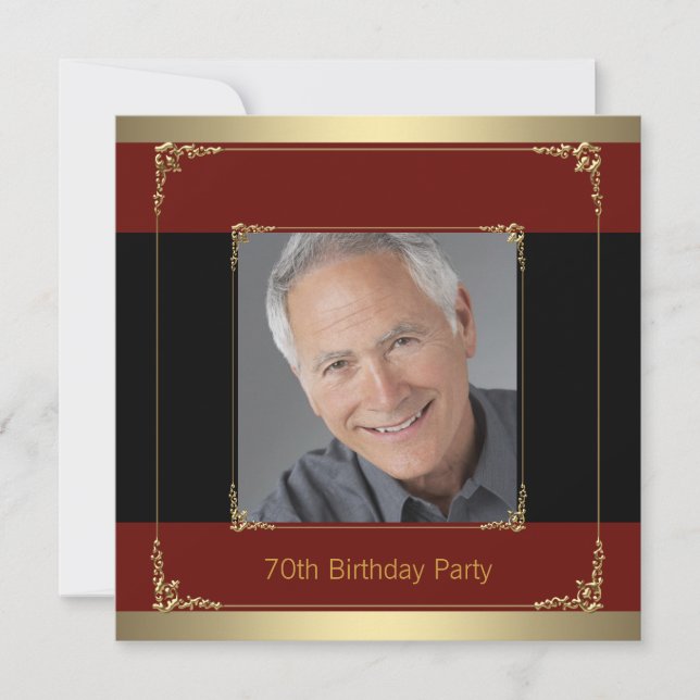Classy Red, Black and Gold 70th Birthday Party Invitation (Front)