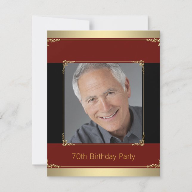 Classy Red, Black and Gold 70th Birthday Party Invitation (Front)
