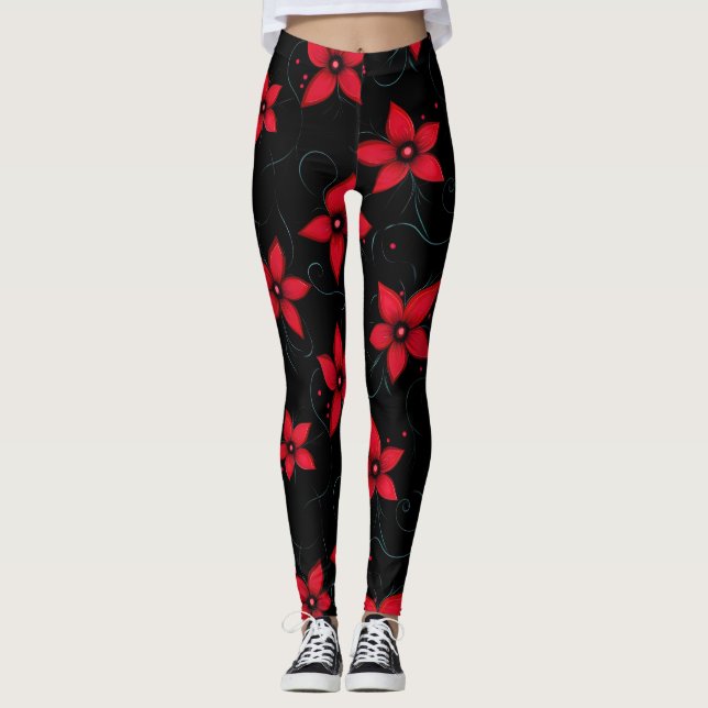 Classy Red Black Flowers Leggings (Front)
