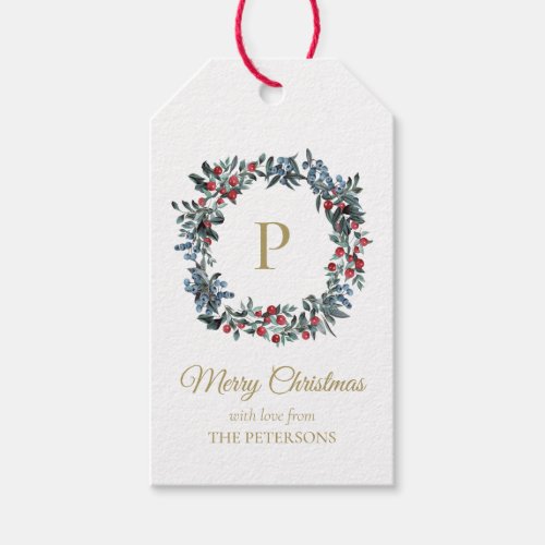 Classy Red Blue Berries Wreath with Gold Monogram Gift Tags