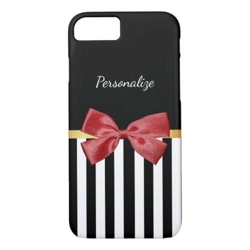Classy Red Bow Black and White Stripes With Name iPhone 87 Case