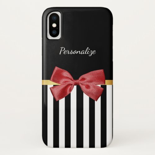 Classy Red Bow Black and White Stripes With Name iPhone X Case