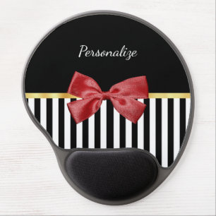 Classy Red Bow Black and White Stripes With Name Gel Mouse Pad