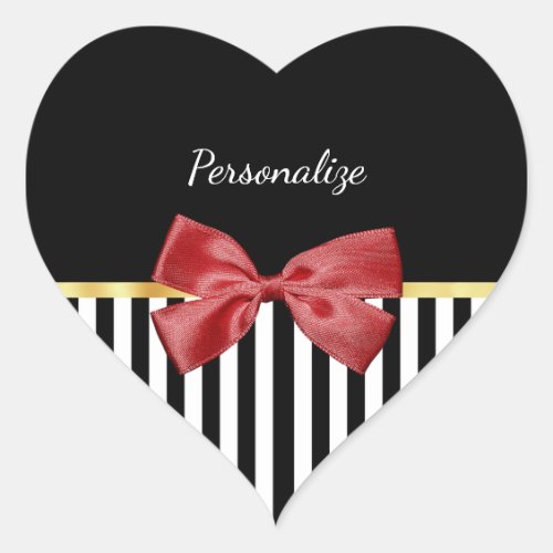 Classy Red Bow Black and White Stripes With Name Heart Sticker