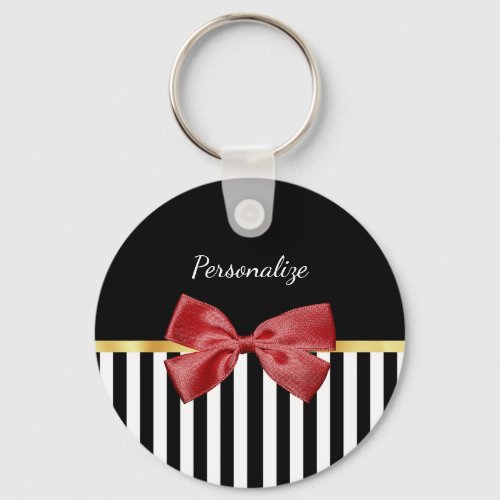 Classy Red Bow Black and White Stripes With Name Keychain