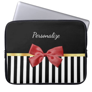 Classy Red Bow Black and White Stripes With Name Laptop Sleeve