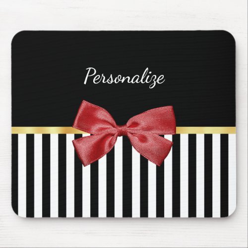 Classy Red Bow Black and White Stripes With Name Mouse Pad