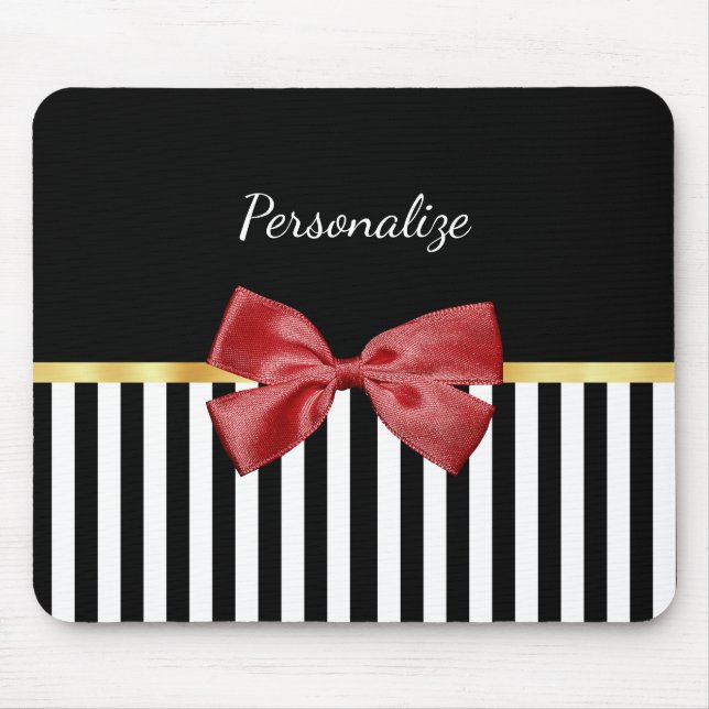 Classy Red Bow Black and White Stripes With Name Mouse Pad (Front)