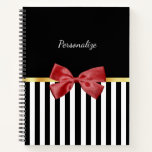 Classy Red Bow Black And White Stripes With Name Notebook at Zazzle