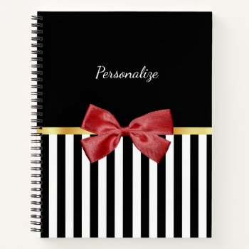 Classy Red Bow Black And White Stripes With Name Notebook by ohsogirly at Zazzle