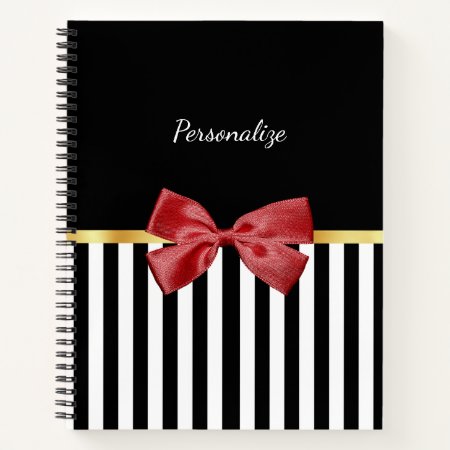 Classy Red Bow Black And White Stripes With Name Notebook