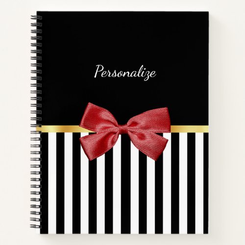 Classy Red Bow Black and White Stripes With Name Notebook