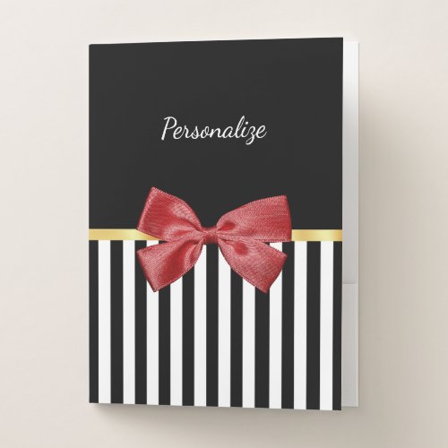 Classy Red Bow Black and White Stripes With Name Pocket Folder