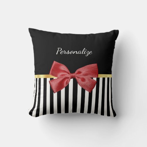 Classy Red Bow Black and White Stripes With Name Throw Pillow