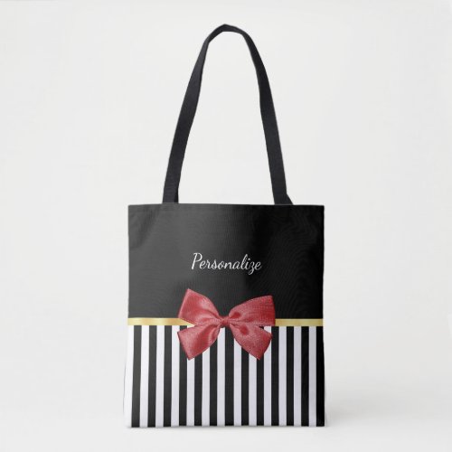 Classy Red Bow Black and White Stripes With Name Tote Bag