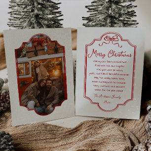 Classy Red Bow Frame Photo Retro Merry Christmas Holiday Card