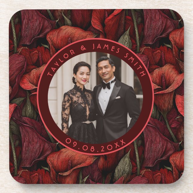 Classy Red Calla Lilies Inspired Destination Weddi Beverage Coaster (Front)