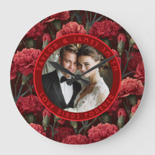 Classy Red Carnation Aesthetic Botanical Wedding Large Clock