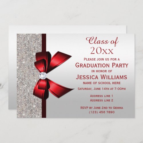 Classy Red Gem Bow Silver Sequins Graduation Invitation