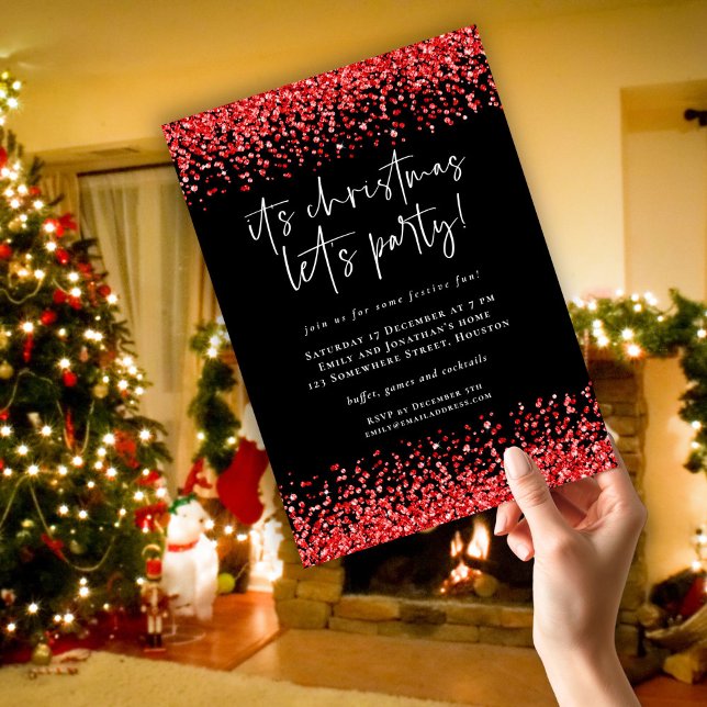 Classy Red Glitter Borders Lets Party Christmas  Invitation (Creator Uploaded)