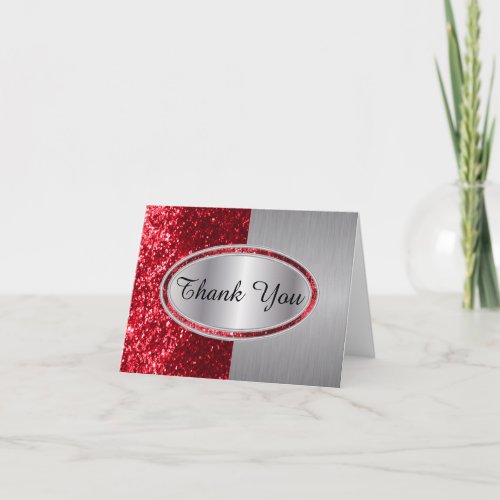 Classy Red Glitter Brush Steel Metal Look Thank You Card