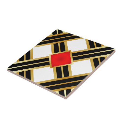 Classy Red Gold Black Square within a Square Ceramic Tile