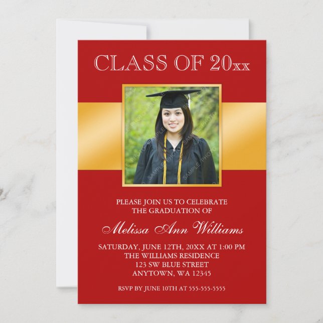 Classy Red Gold Photo Graduation Announcement (Front)
