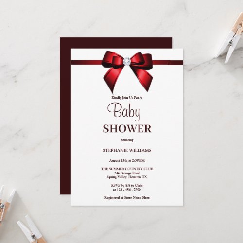 Classy Red Jewel Bow Baby Shower Invitation