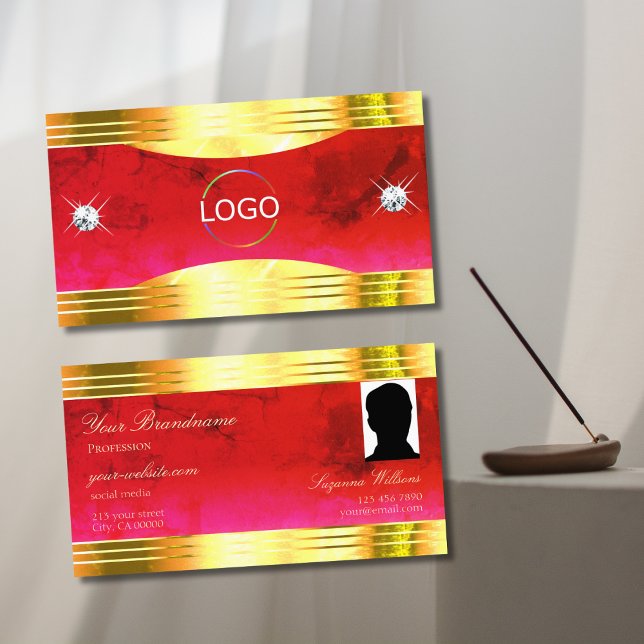 Classy Red Marble Shiny Gold Border Logo and Photo Business Card (Creator Uploaded)
