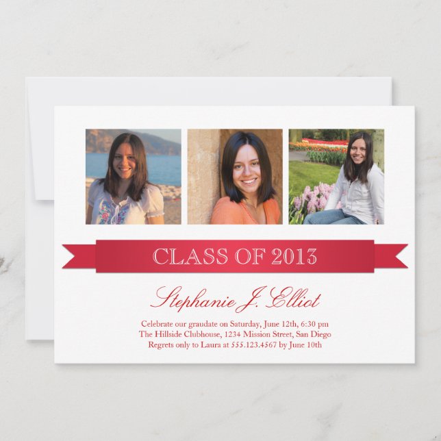 Classy red ribbon 3 photo graduation invitation (Front)
